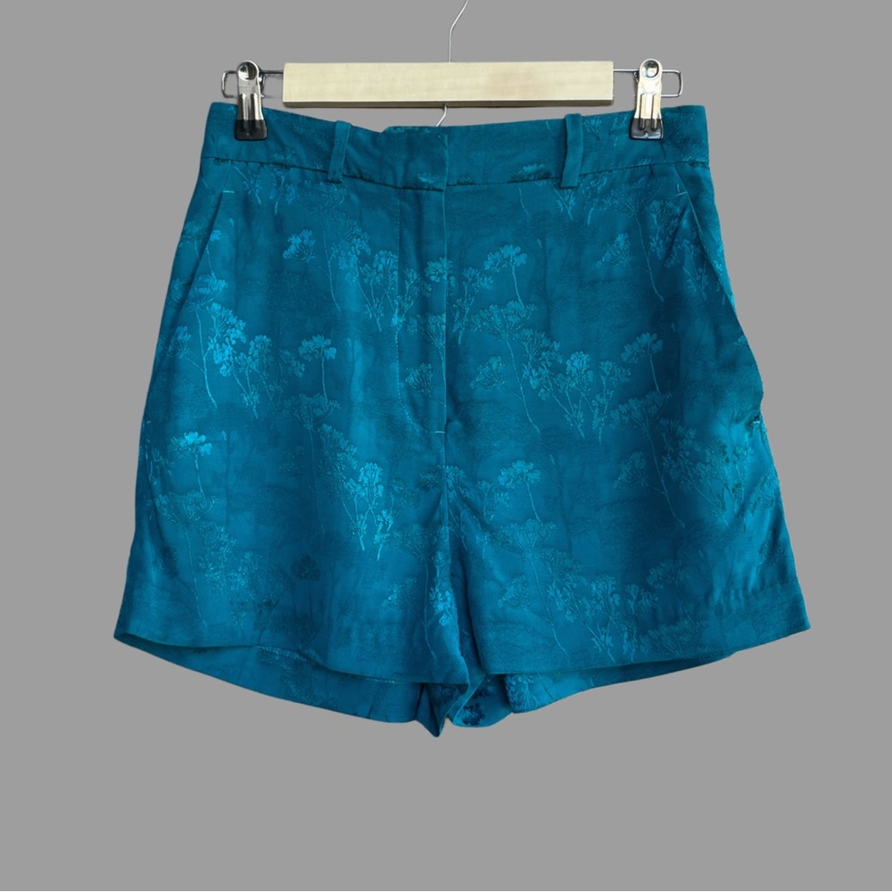 ZARA Teal Blue Green Turquoise Floral Jacquard Satin Trouser Shorts Sz S